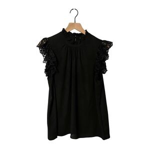 Express Black Blouse with Short Lace Sleeves + Ruffled Mock Neck - Women’s Large